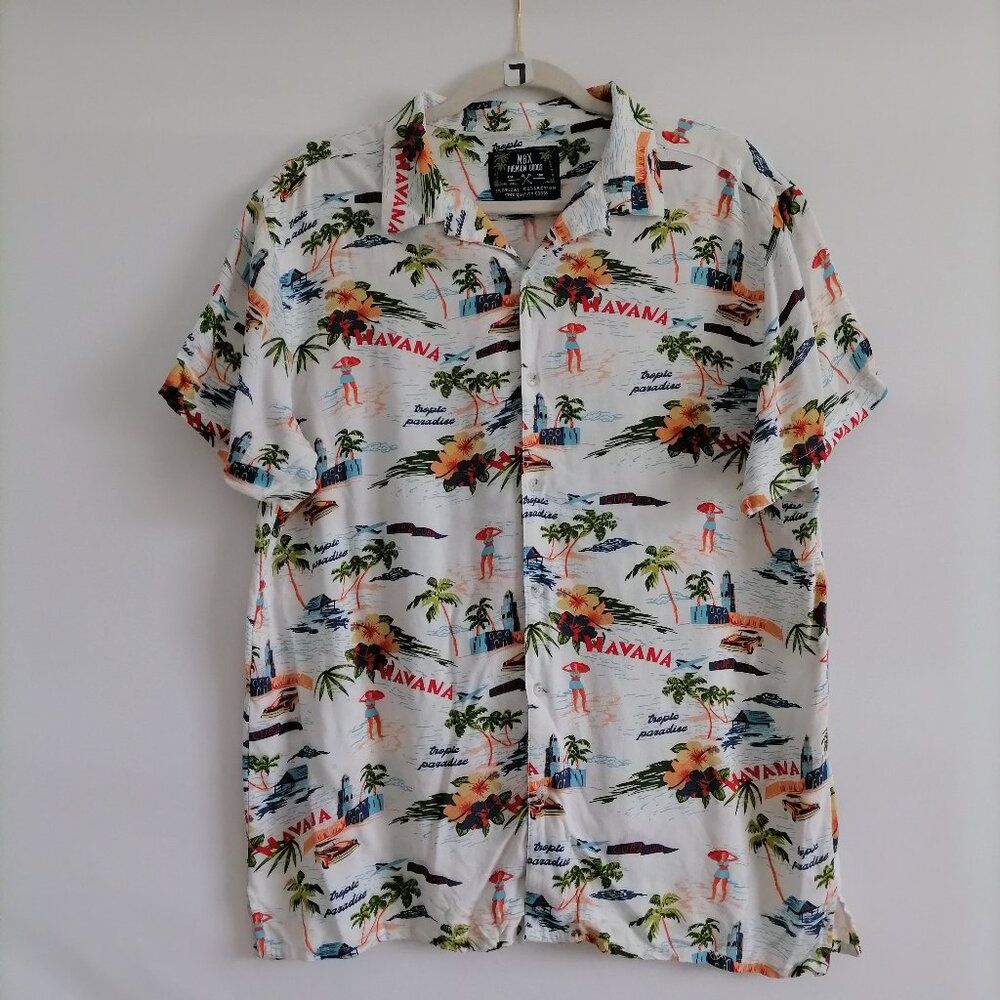 MBX Premium Goods Mens White Tropical Print Hawaiian Button Up Shirt Size L
